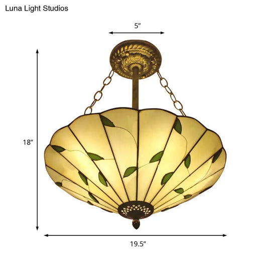 Lodge Style Stained Glass Semi Flush Ceiling Light In Beige - 19.5/16 Wide