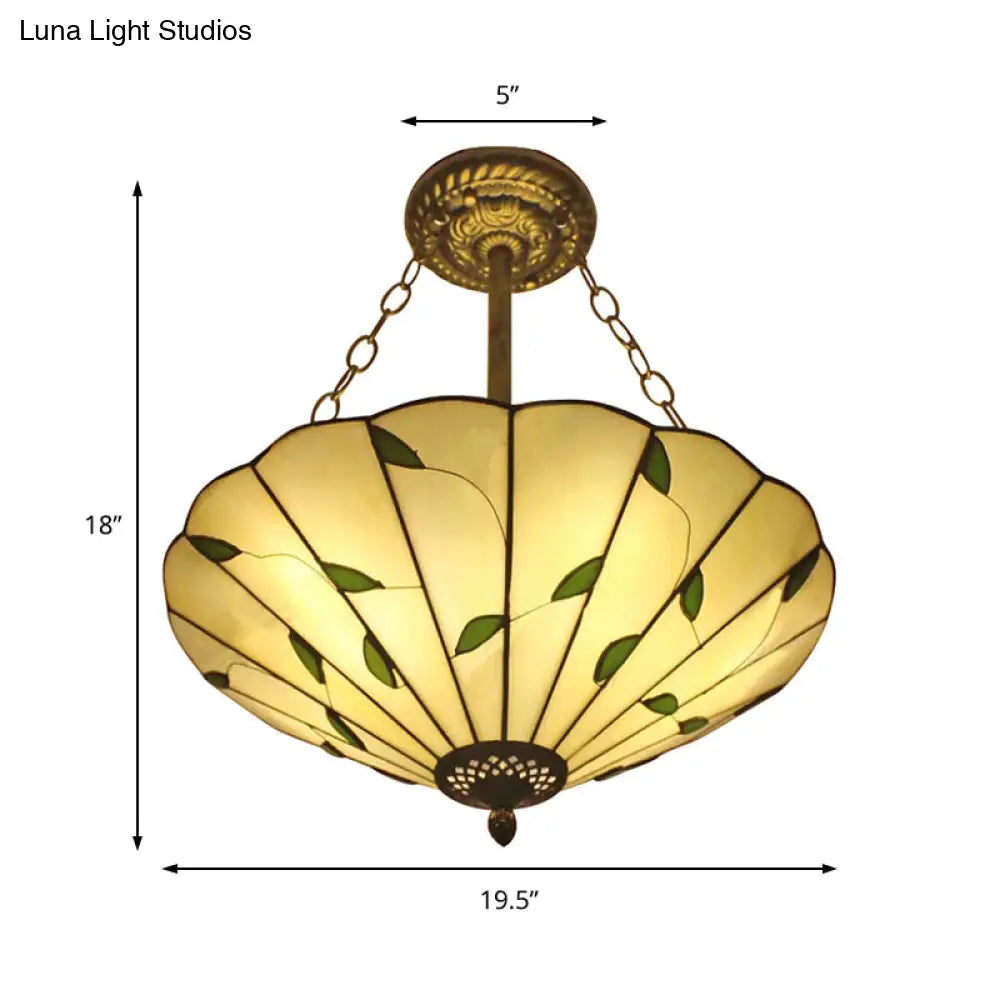 Stained Glass Inverted Ceiling Light - Lodge Style Multi Semi Flush Mount In Beige (19.5’/16’ Width)