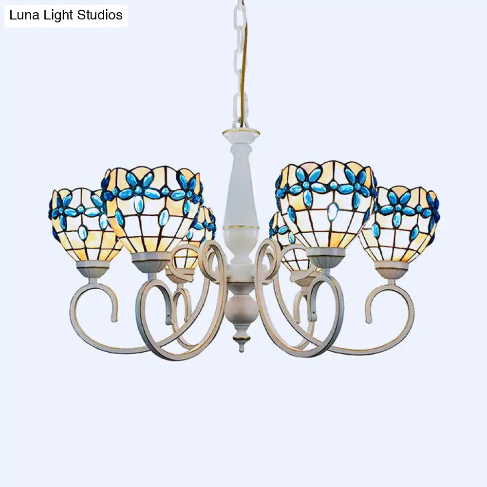 Lodge Domed Pendant Chandelier With Stained Glass And Floral Jewel Pattern (3/6/8 Lights Beige)