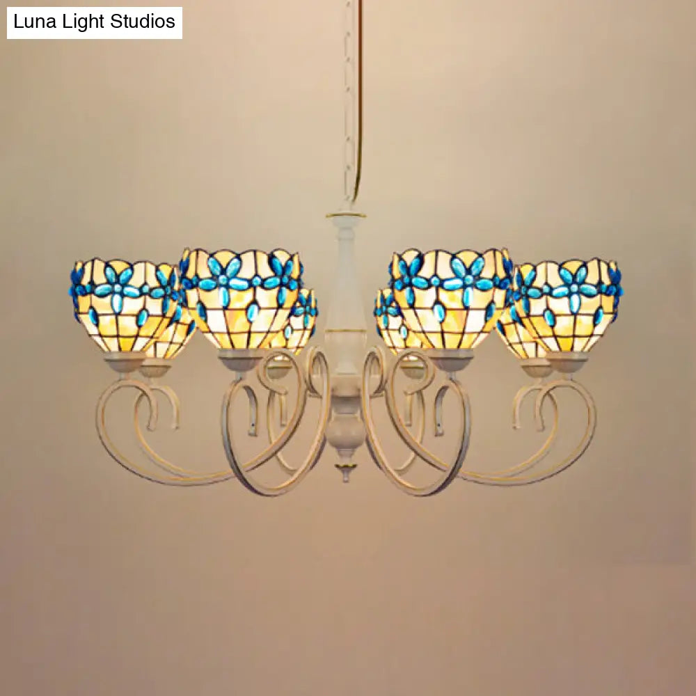 Stained Glass Inverted Chandelier With Floral Jewel Pattern - Lodge Domed Pendant Lighting (3/6/8