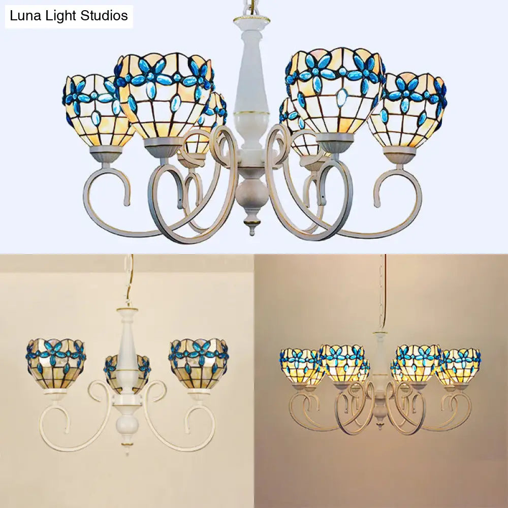 Lodge Domed Pendant Chandelier With Stained Glass And Floral Jewel Pattern (3/6/8 Lights Beige)