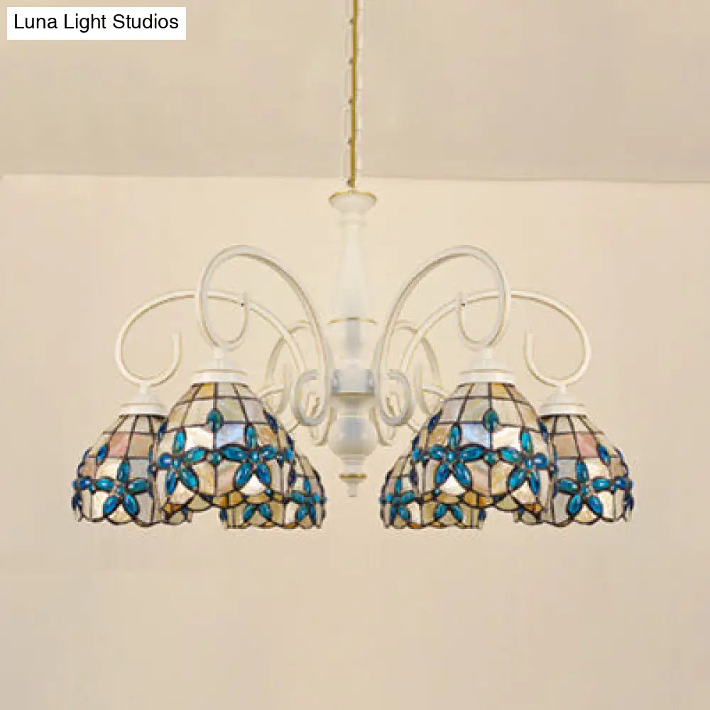 Lodge Domed Pendant Chandelier With Stained Glass And Floral Jewel Pattern (3/6/8 Lights Beige)