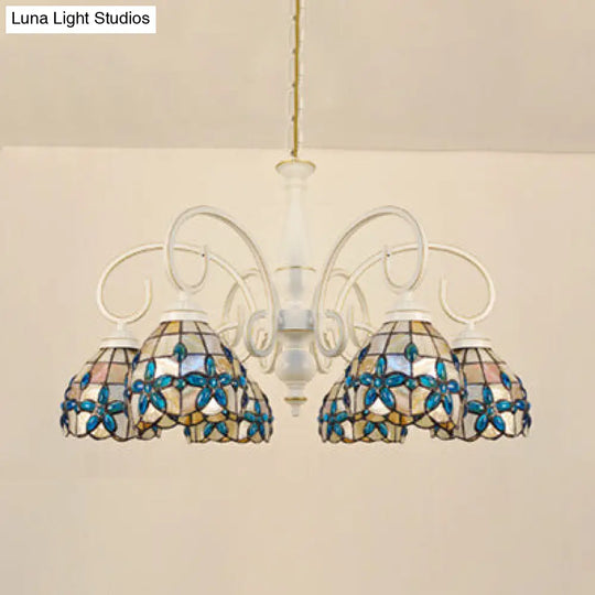 Lodge Domed Pendant Chandelier With Stained Glass And Floral Jewel Pattern (3/6/8 Lights Beige)