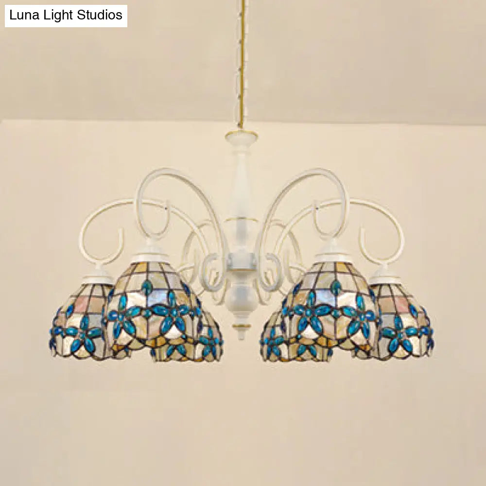 Stained Glass Inverted Chandelier With Floral Jewel Pattern - Lodge Domed Pendant Lighting (3/6/8