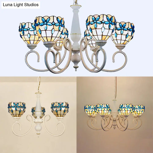 Stained Glass Inverted Chandelier With Floral Jewel Pattern - Lodge Domed Pendant Lighting (3/6/8