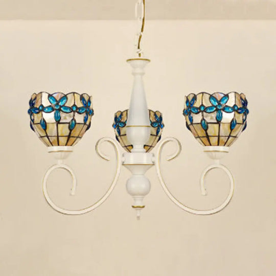 Stained Glass Inverted Chandelier With Floral Jewel Pattern - Lodge Domed Pendant Lighting (3/6/8