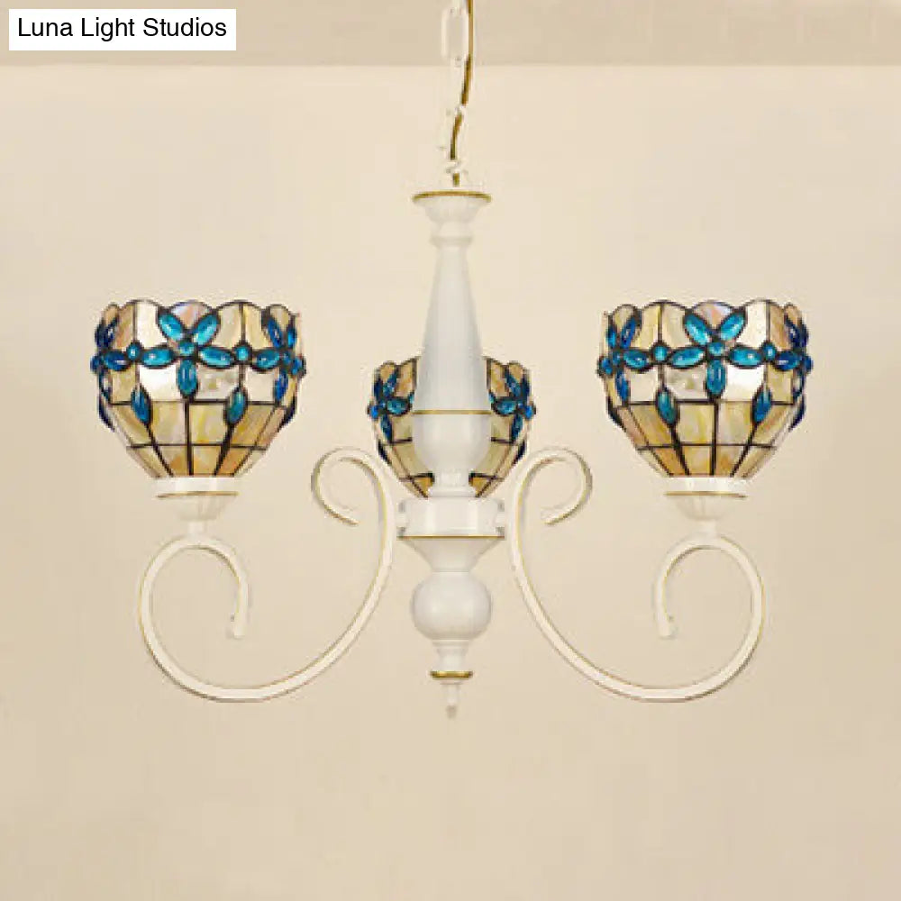 Lodge Domed Pendant Chandelier With Stained Glass And Floral Jewel Pattern (3/6/8 Lights Beige) 3 /