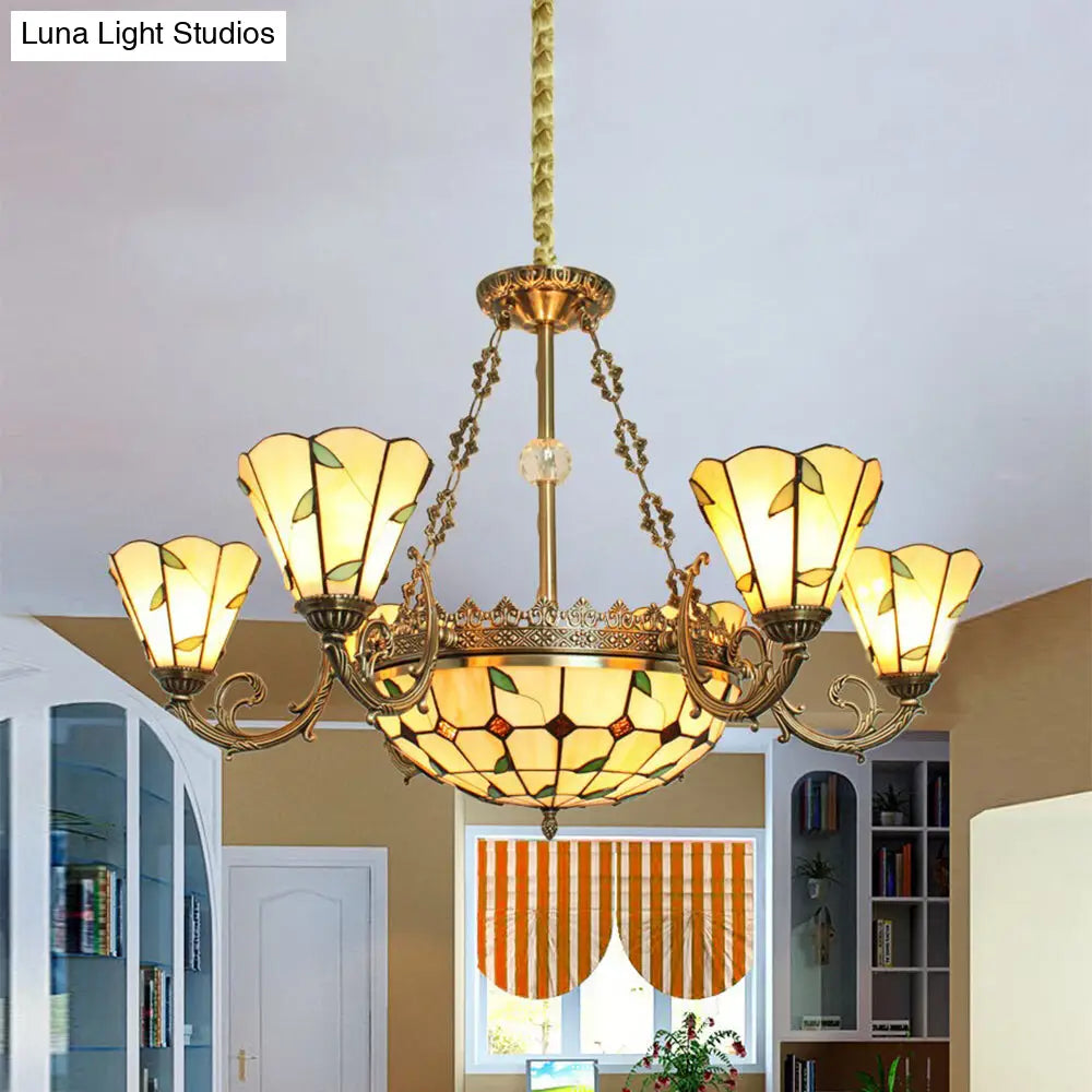 Stained Glass Leaf Chandelier: 9 Light Pendant With Bowl And Cone Shades Beige