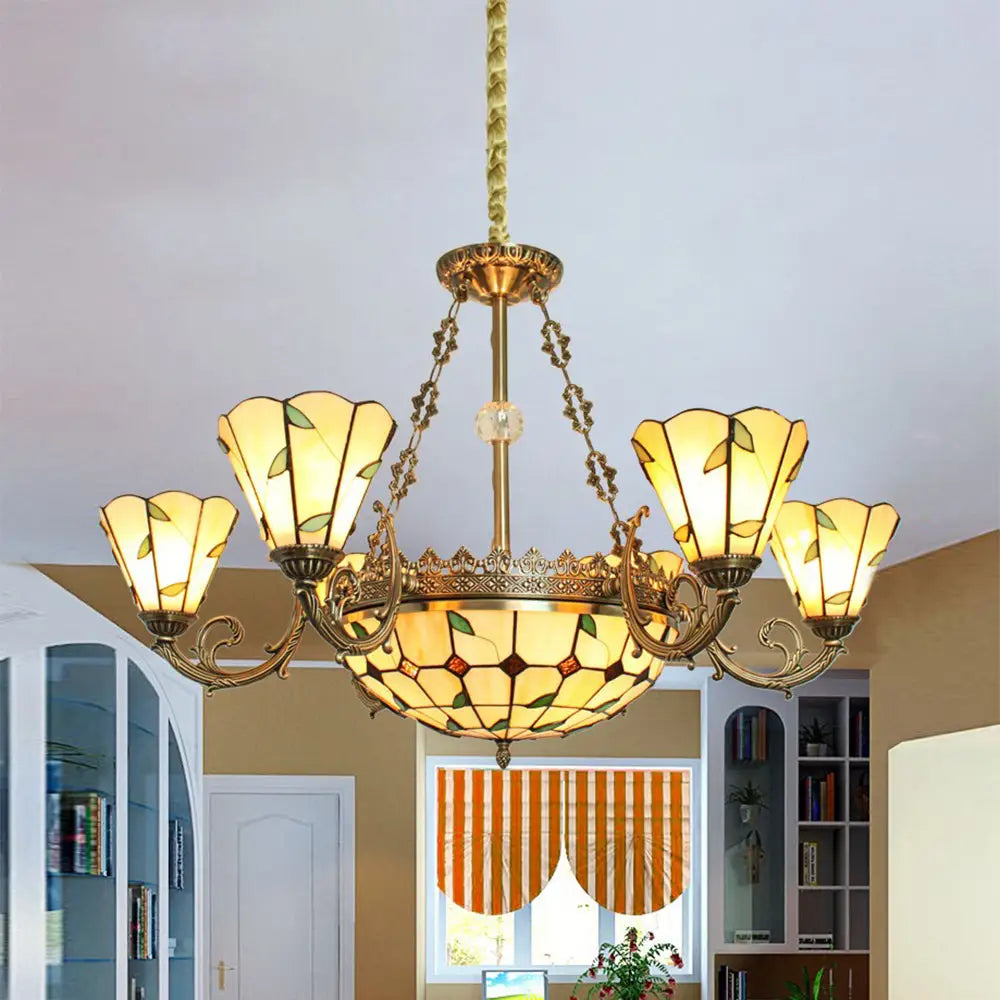 Stained Glass Leaf Chandelier With 9 Lights Bowl And Cone Shades Beige