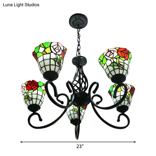 Stained Glass Lodge Chandelier - Rose Hanging Light Fixture With 5-Light Suspension Black Finish