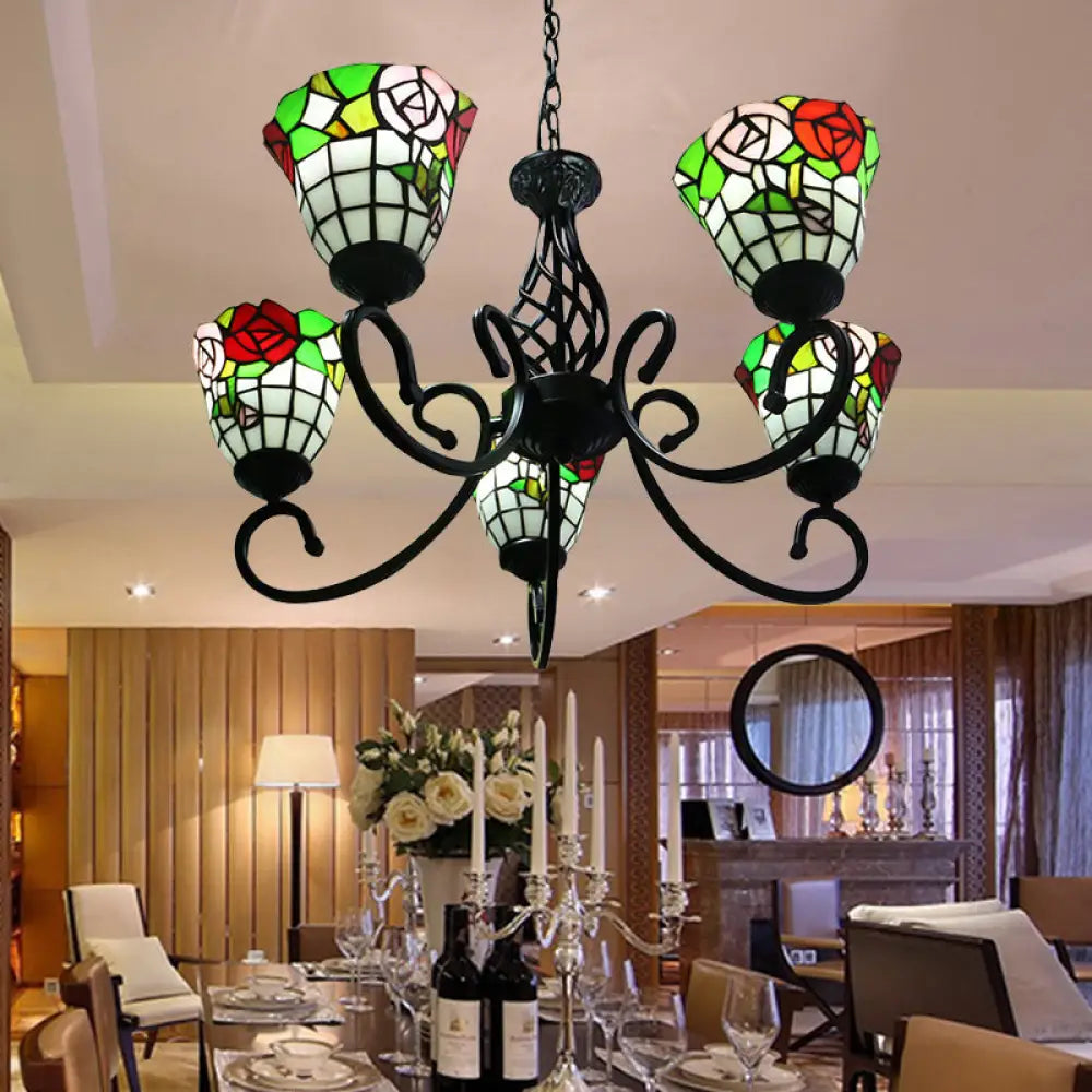 Stained Glass Lodge Chandelier - Rose Hanging Light Fixture With 5-Light Suspension Black Finish