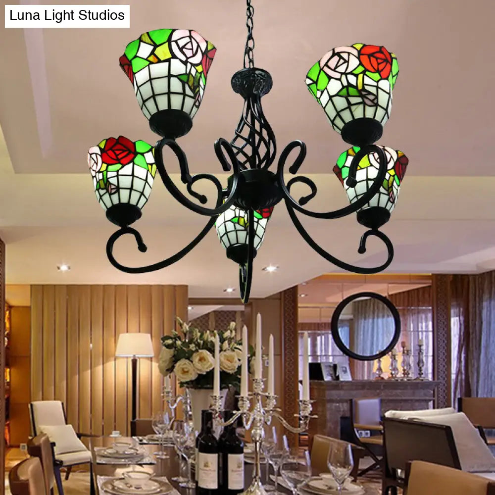 Stained Glass Rose Chandelier - 5-Light Hanging Light/Lodge Fixture In Black Finish