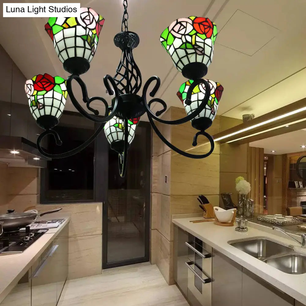 Stained Glass Lodge Chandelier - Rose Hanging Light Fixture With 5-Light Suspension Black Finish