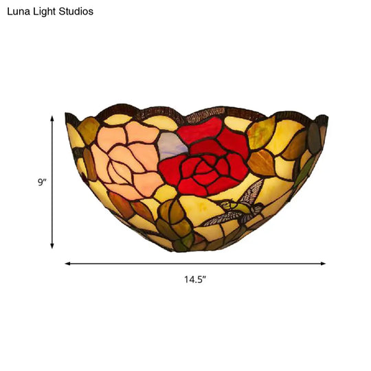 Stained Glass Lodge Tiffany Wall Lamp With Rose Pattern And Bowl Shade