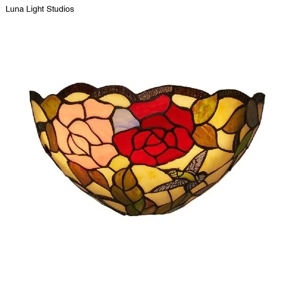 Stained Glass Lodge Tiffany Wall Lamp With Rose Pattern And Bowl Shade