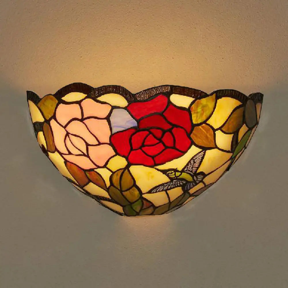 Stained Glass Lodge Tiffany Wall Lamp With Rose Pattern And Bowl Shade Red