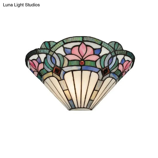 Stained Glass Lotus Wall Sconce In Pink & Green For Corridor Lighting