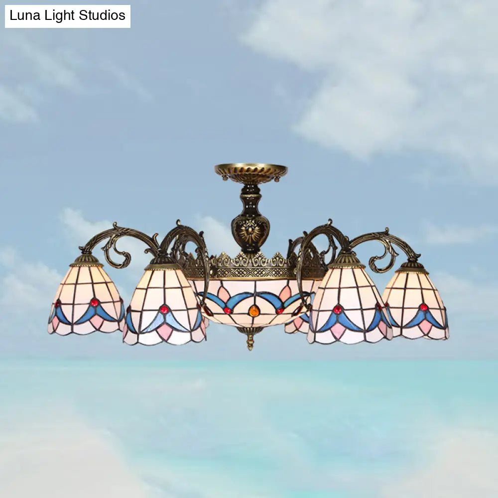 Stained Glass Magnolia Ceiling Chandelier With Brass Finish - Tiffany Style Lighting