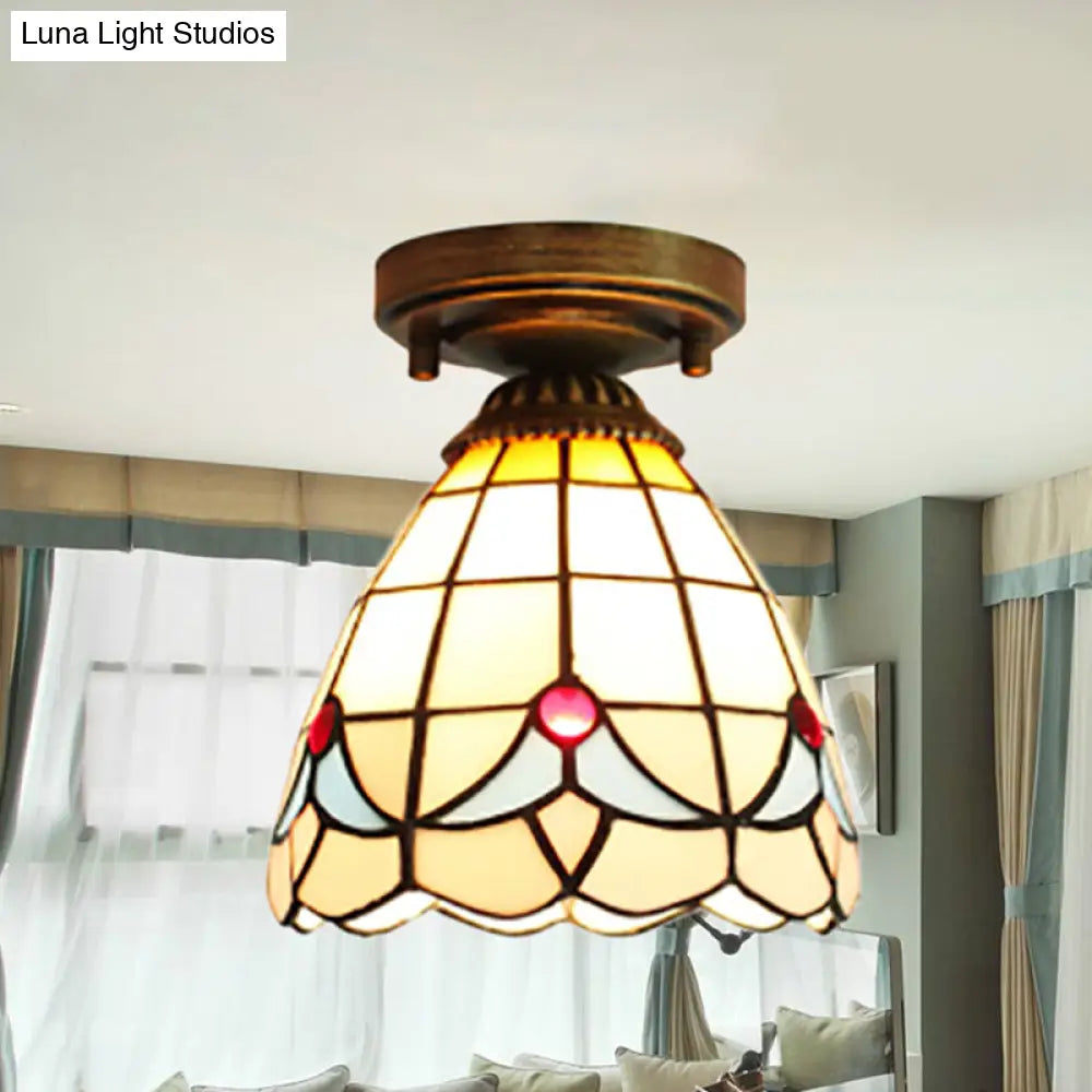 Stained Glass Mini Flush Ceiling Light With Magnolia Pattern - Ideal For Bedroom Lighting Beige