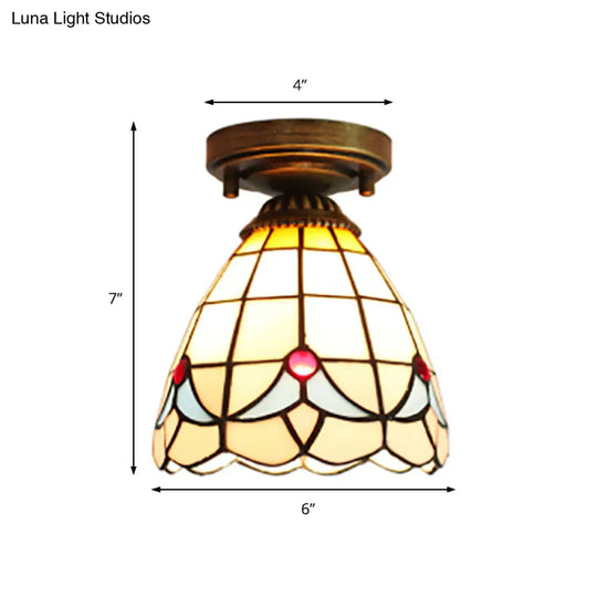 Stained Glass Magnolia Mini Flush Mount Ceiling Light For Bedroom