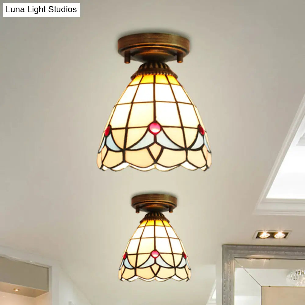 Stained Glass Mini Flush Ceiling Light With Magnolia Pattern - Ideal For Bedroom Lighting