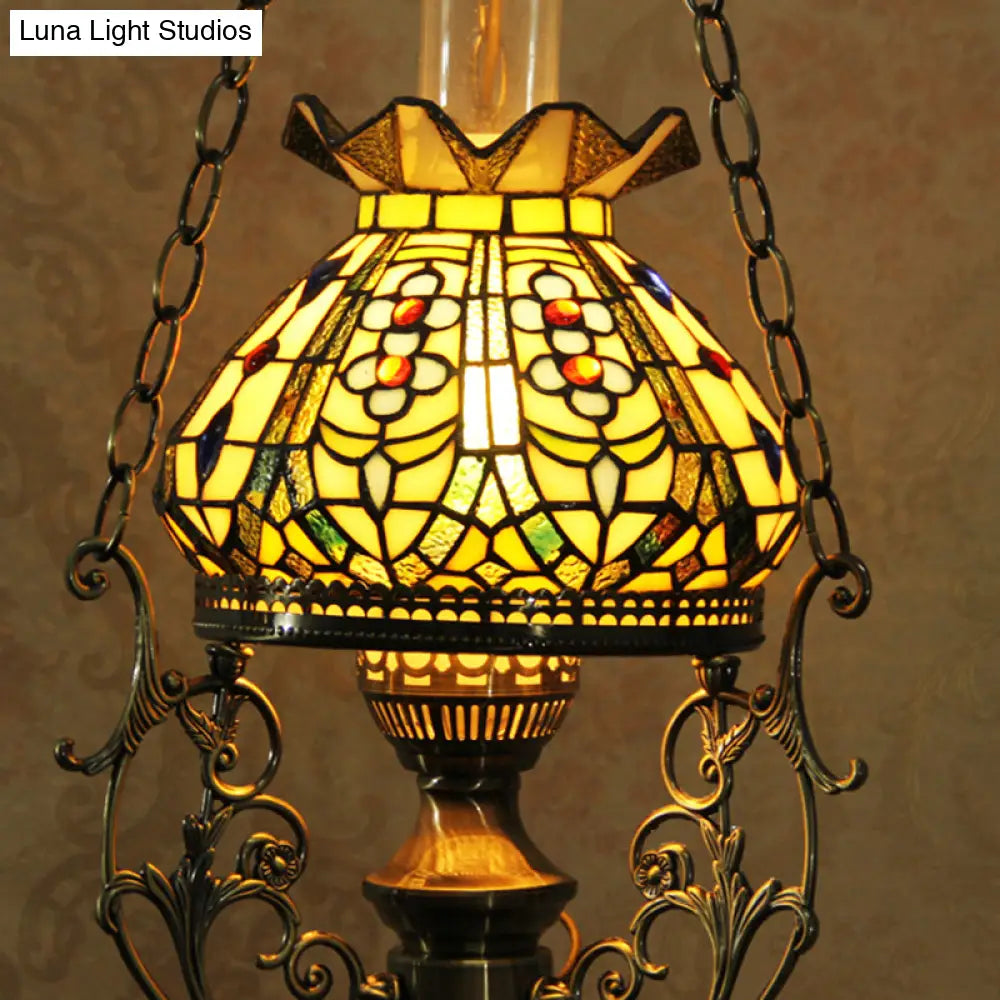 Stained Glass Mediterranean Hanging Ceiling Light With Green Blossom Design