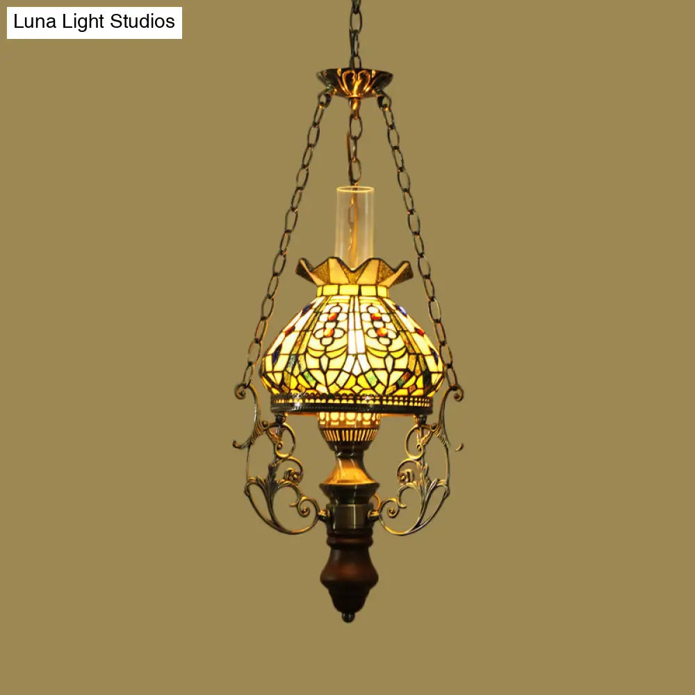 Stained Glass Mediterranean Hanging Ceiling Light With Green Blossom Design