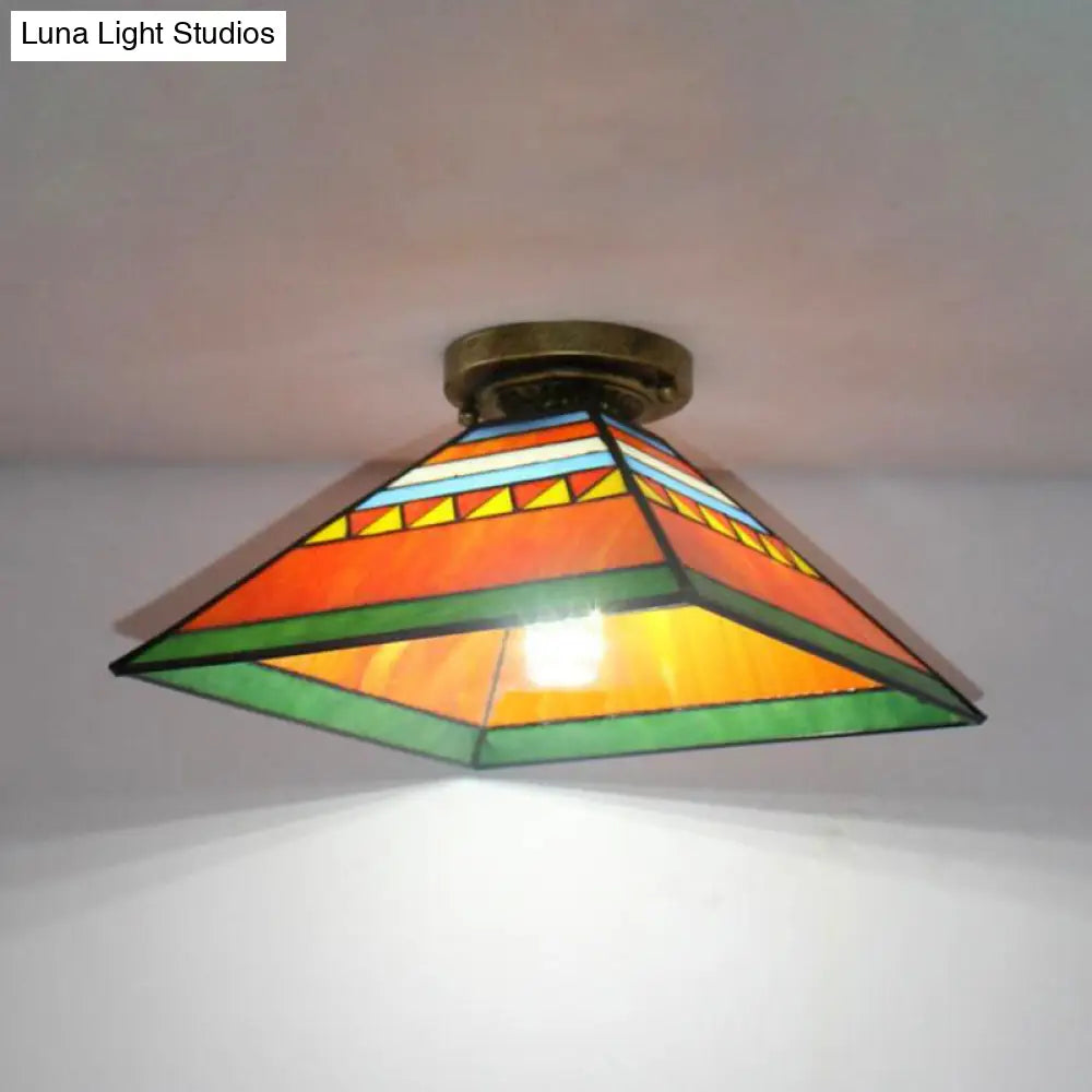 Stained Glass Mini Flush Mount Light For Kitchen - Pink/Orange Pyramid Craftsman Design