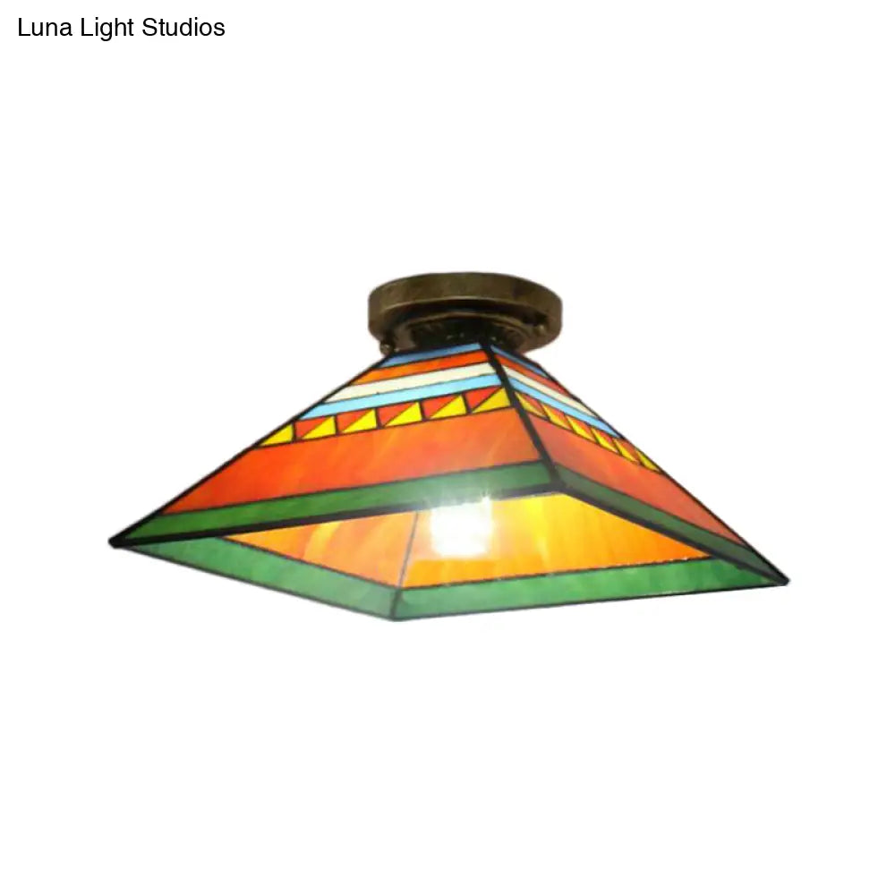 Stained Glass Mini Flush Mount Light For Kitchen - Pink/Orange Pyramid Craftsman Design