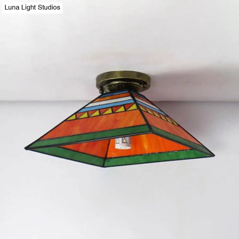 Craftsman Stained Glass Mini Flush Mount Light - Pink/Orange Pyramid Design For Kitchen Orange