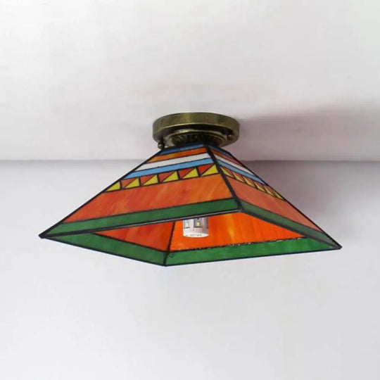 Stained Glass Mini Flush Mount Light For Kitchen - Pink/Orange Pyramid Craftsman Design Orange