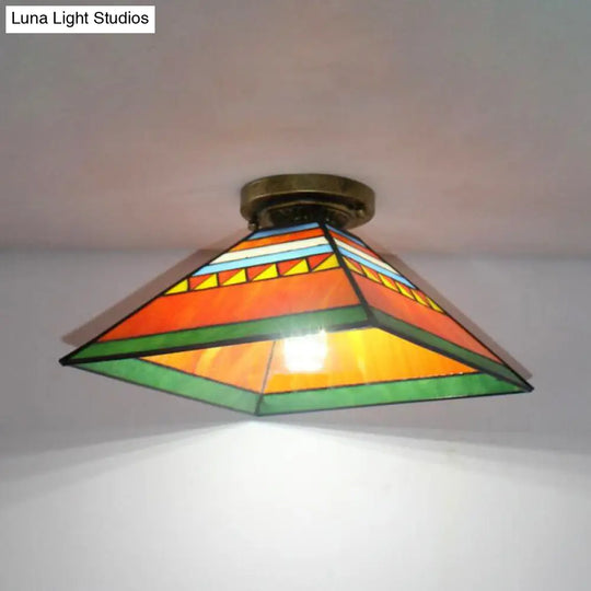 Craftsman Stained Glass Mini Flush Mount Light - Pink/Orange Pyramid Design For Kitchen