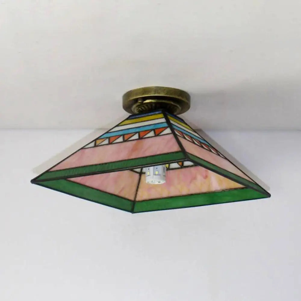 Stained Glass Mini Flush Mount Light For Kitchen - Pink/Orange Pyramid Craftsman Design Pink