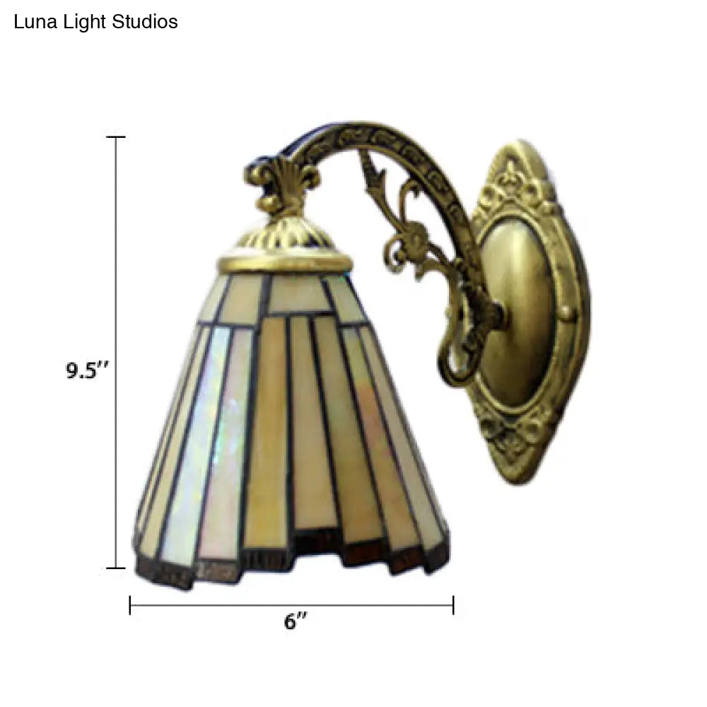 Stained Glass Mini Wall Sconce With Curved Arm In Beige - Mission Style