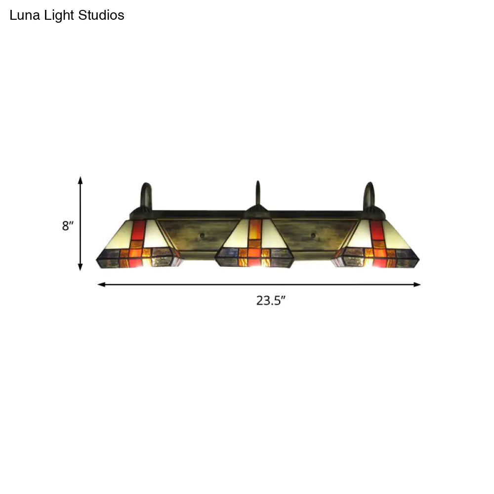 Stained Glass Mission Wall Sconce Light: Triple Light Cone Vanity Lamp In Aged Brass