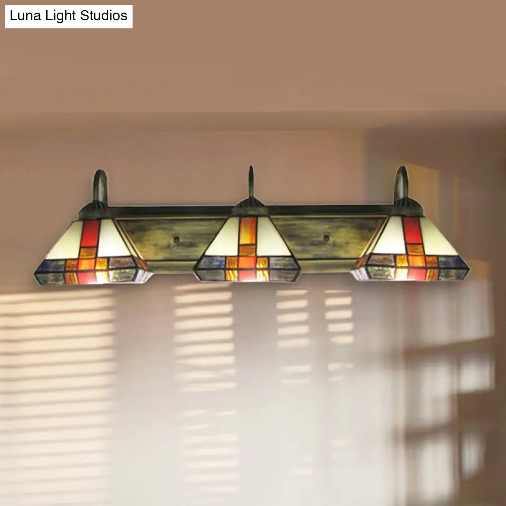 Stained Glass Mission Wall Sconce Light: Triple Light Cone Vanity Lamp In Aged Brass