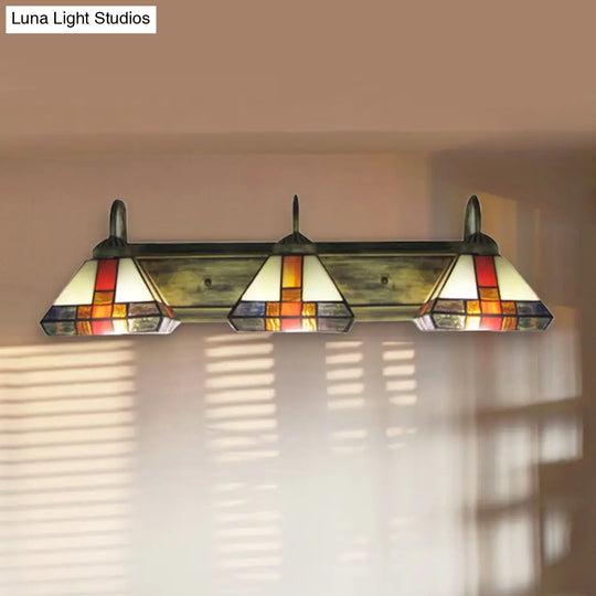 Stained Glass Mission Wall Sconce Light: Triple Light Cone Vanity Lamp In Aged Brass