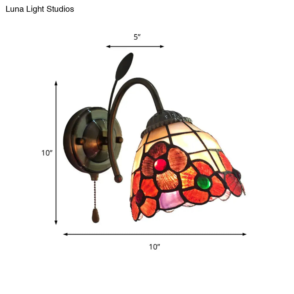 Stained Glass Orange Flower Wall Light With Pull Chain For Hallway - Country Style Lighting Fixture