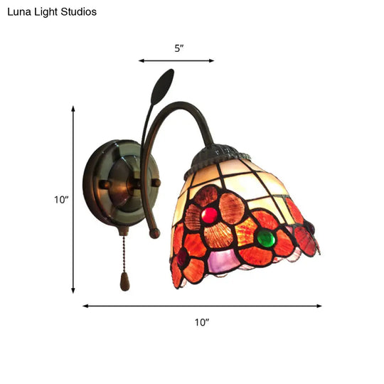 Stained Glass Orange Flower Wall Light With Pull Chain For Hallway - Country Style Lighting Fixture