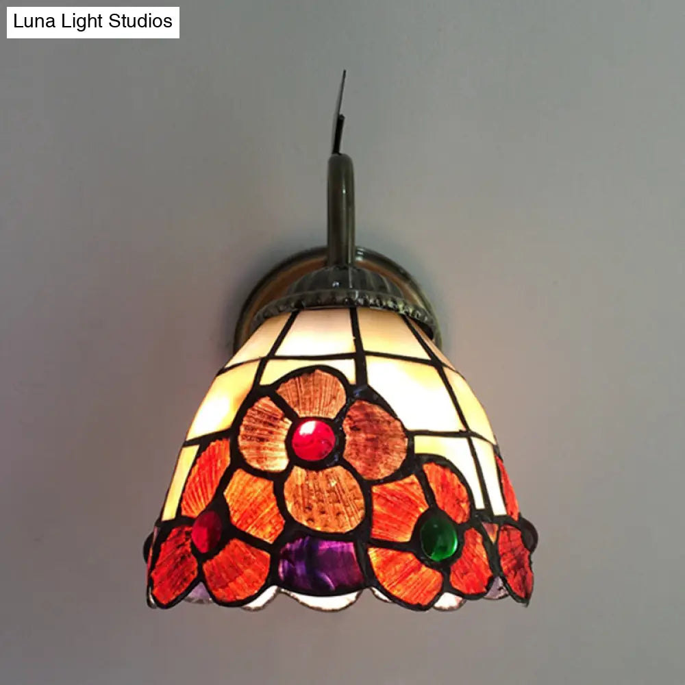 Stained Glass Orange Flower Wall Light With Pull Chain For Hallway - Country Style Lighting Fixture