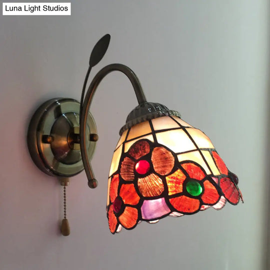 Stained Glass Orange Flower Wall Light With Pull Chain For Hallway - Country Style Lighting Fixture