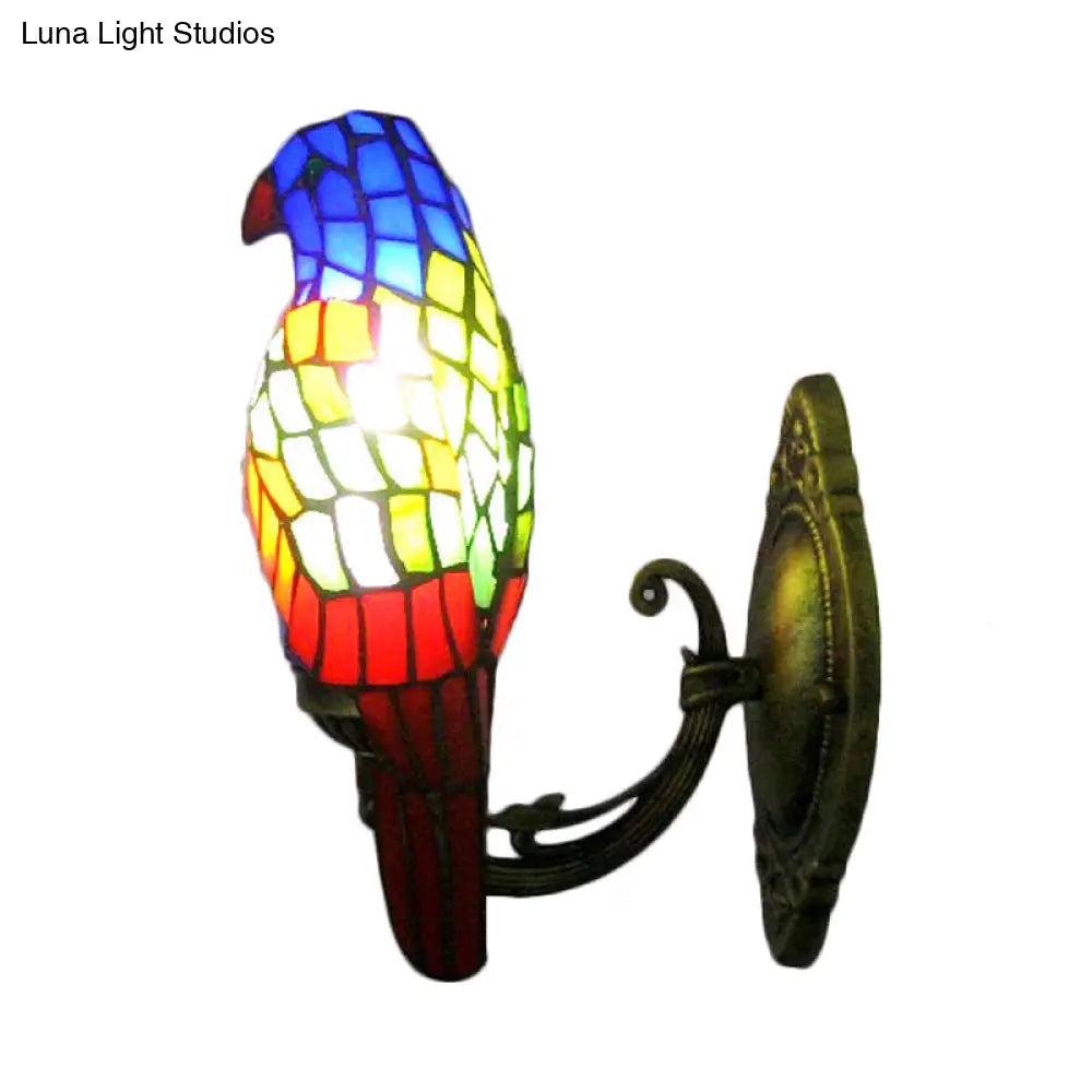 Stained Glass Parrot Wall Lamp - Lodge Style Brass Sconce For Living Room