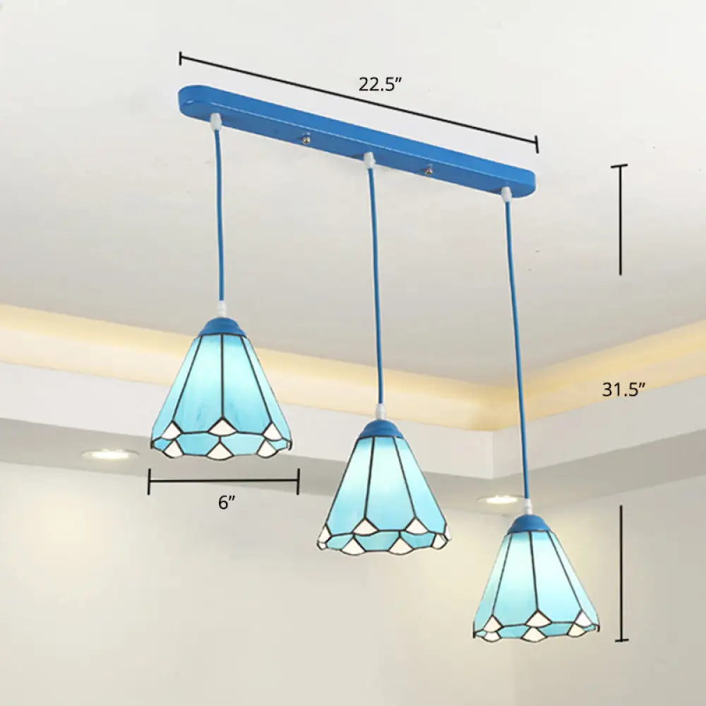 Stained Glass Pendant Light Trio For Restaurants- Tiffany Conical Design Blue