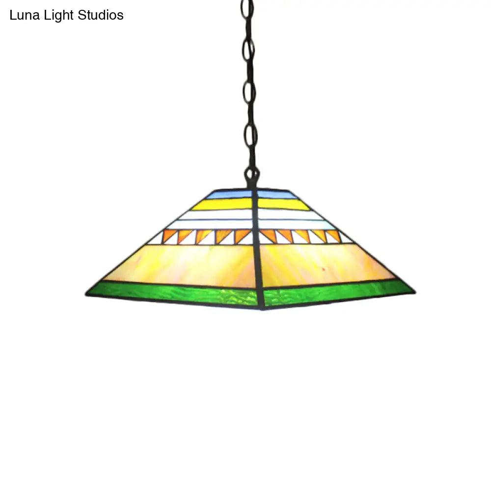 Stained Glass Pyramid Pendant Light - Tiffany-Style Hanging Lamp In A Vibrant Orange/Yellow Hue For