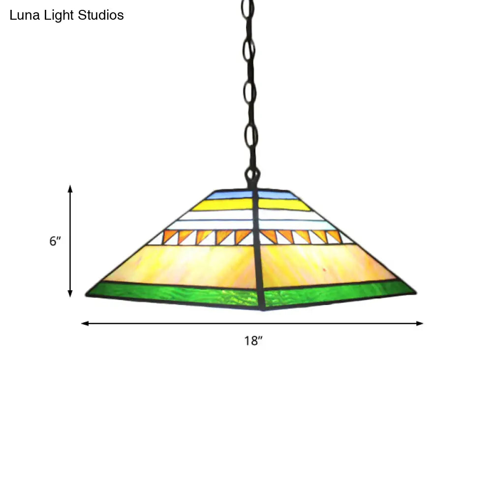 Stained Glass Tiffany-Style Single Bulb Pyramid Pendant Light In Orange/Yellow For Hallway