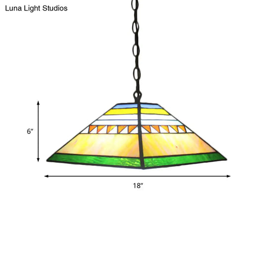 Stained Glass Tiffany-Style Single Bulb Pyramid Pendant Light In Orange/Yellow For Hallway