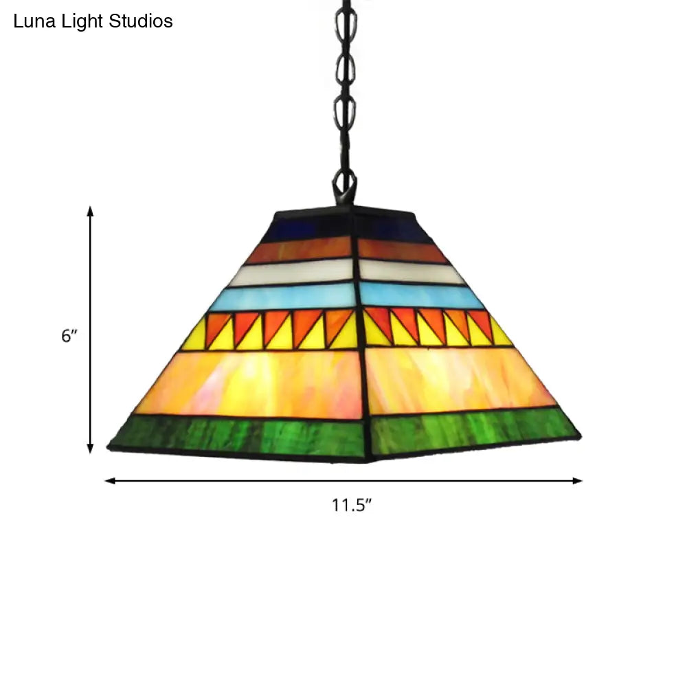 Stained Glass Pyramid Pendant Light - Tiffany-Style Hanging Lamp In A Vibrant Orange/Yellow Hue For