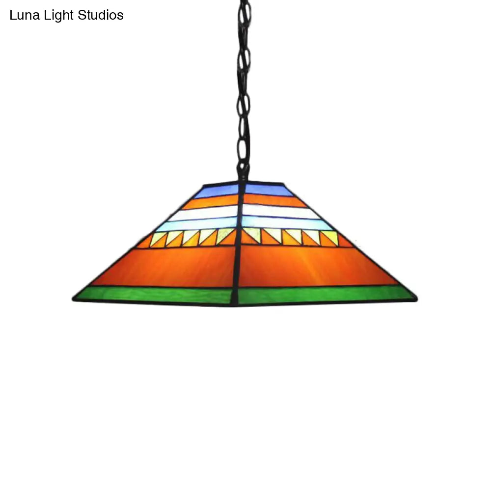 Stained Glass Tiffany-Style Single Bulb Pyramid Pendant Light In Orange/Yellow For Hallway