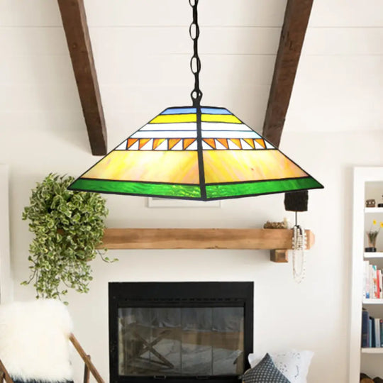 Stained Glass Pyramid Pendant Light - Tiffany-Style Hanging Lamp In A Vibrant Orange/Yellow Hue For