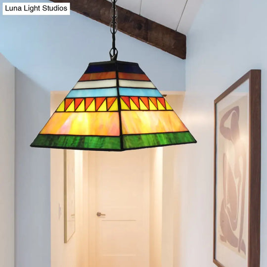 Stained Glass Tiffany-Style Single Bulb Pyramid Pendant Light In Orange/Yellow For Hallway